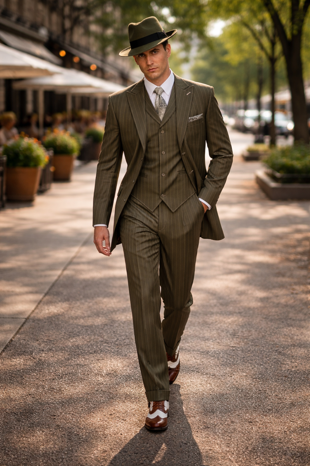 Mens Olive Green Pinstripe Zoot Suit – 1920s Gangster Vintage 3-Piece Suit for Formal and Themed Events
