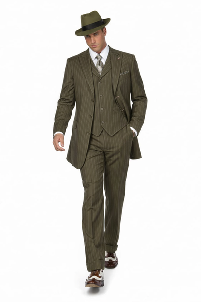 Mens Olive Green Pinstripe Zoot Suit – 1920s Gangster Vintage 3-Piece Suit for Formal and Themed Events
