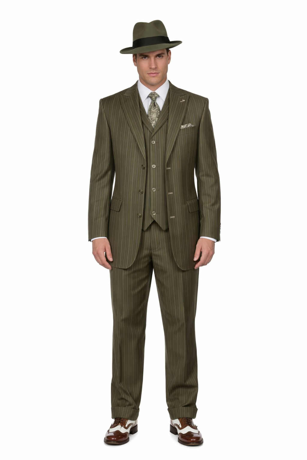 Mens Olive Green Pinstripe Zoot Suit – 1920s Gangster Vintage 3-Piece Suit for Formal and Themed Events