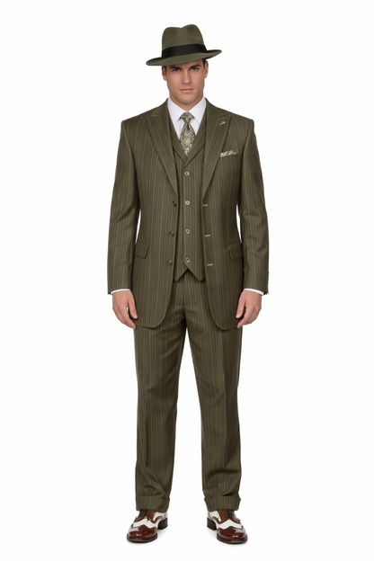 Mens Olive Green Pinstripe Zoot Suit – 1920s Gangster Vintage 3-Piece Suit for Formal and Themed Events