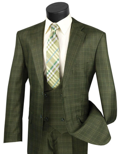 Harlem Nights Suits for Men - Mens Olive Green Plaid 3 Piece Suit Low Cut Vest 1920s Vinci V2RW-7