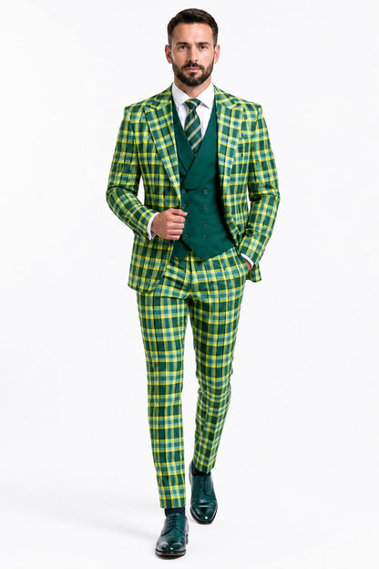 Men's Designer One Button Peak Lapel Italian Wool Suit with Double Breasted Vest in Hunter Green Plaid