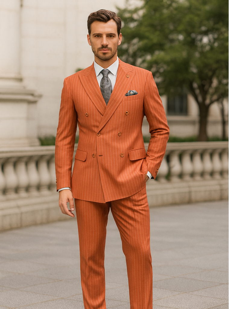 Men’s Orange Pinstripe Double-Breasted Suit – Stylish Formalwear