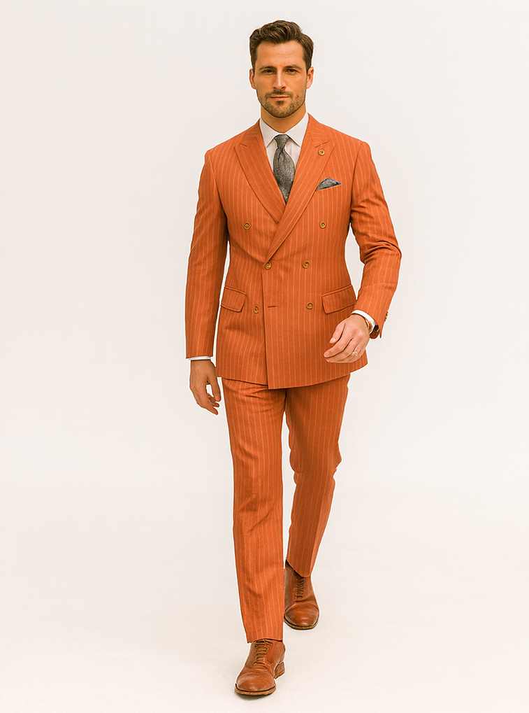 Men’s Orange Pinstripe Double-Breasted Suit – Stylish Formalwear