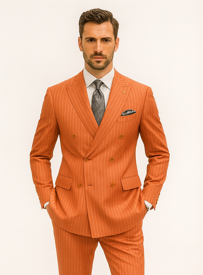 Men’s Orange Pinstripe Double-Breasted Suit – Stylish Formalwear