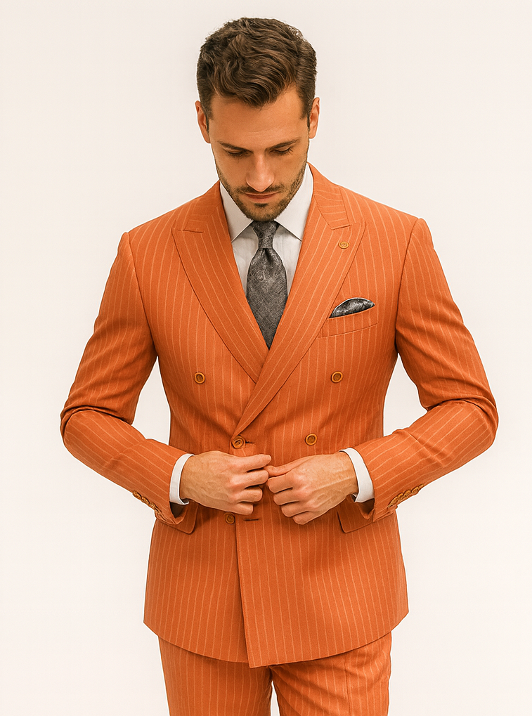 Men’s Orange Pinstripe Double-Breasted Suit – Stylish Formalwear