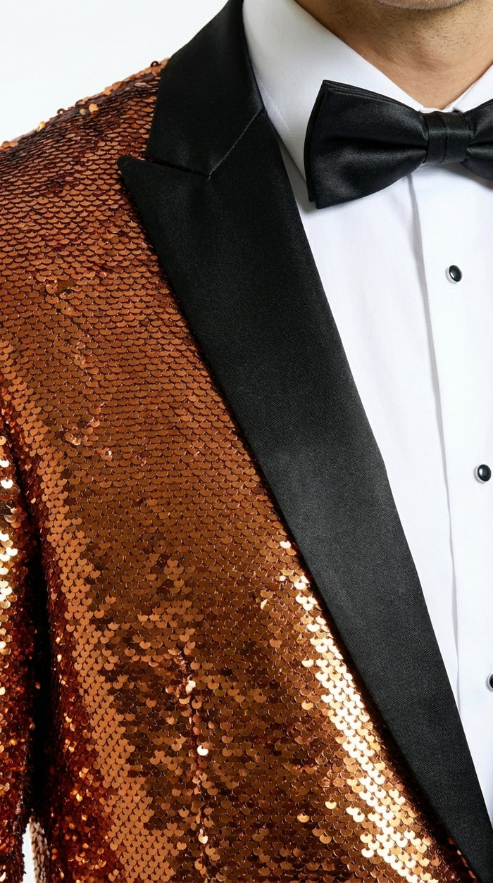 Mens Orange Sequin Blazer Tuxedo Dinner Jacket – Shiny Party Dinner Jacket with Black Lapel for Wedding, Prom, Stage Kingsman Jacket