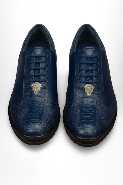 Los Altos Navy Blue Ostrich Leg Lace Up Sneakers 2   - from alligatorwarehouse.com