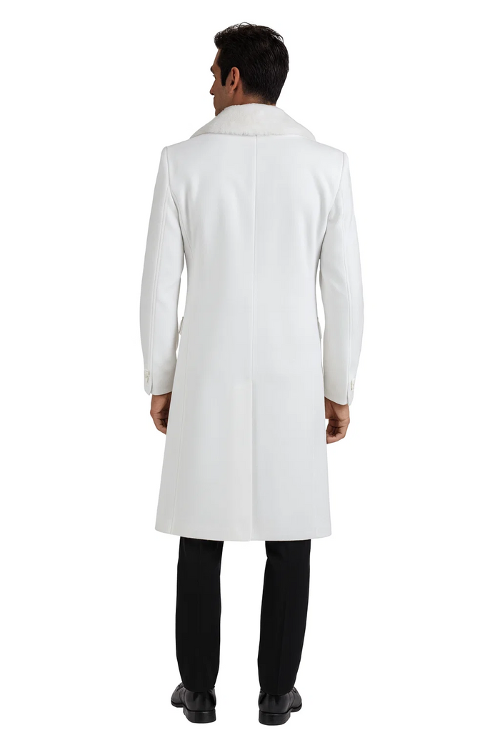 Mens Overcoat with Fur Collar - Single Breasted White Topcoat
