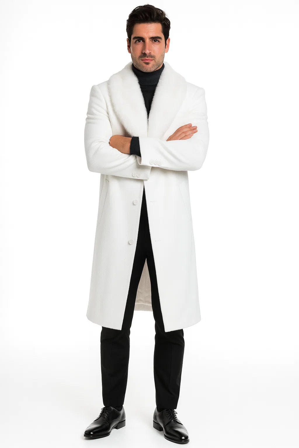 Mens Overcoat with Fur Collar - Single Breasted Off White Topcoat