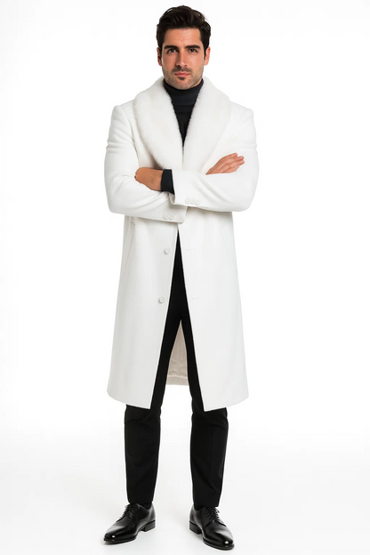 Mens Overcoat with Fur Collar - Single Breasted Off White Topcoat