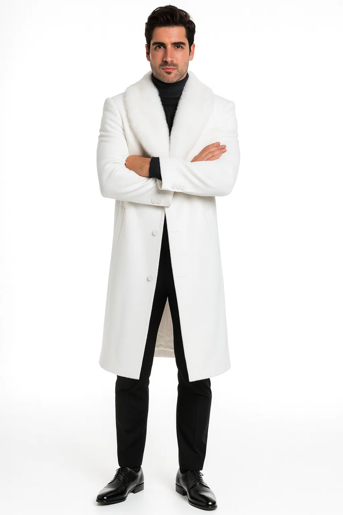 Mens Overcoat with Fur Collar - Single Breasted White Topcoat