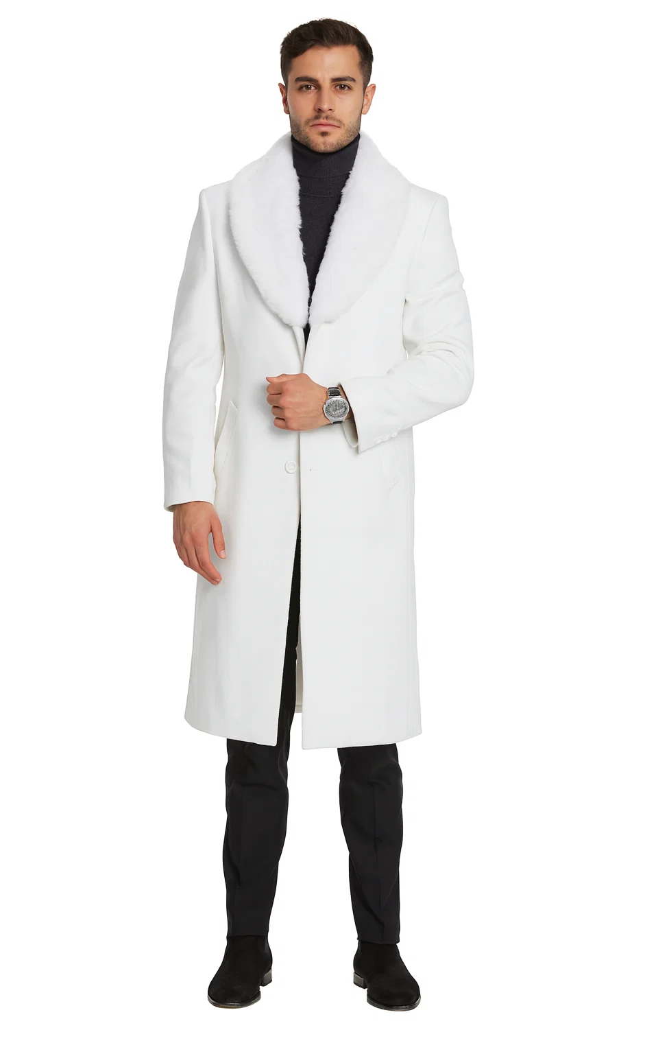 Mens Overcoat with Fur Collar - Single Breasted Off White Topcoat