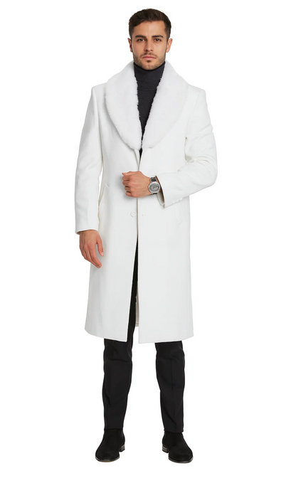 Mens Overcoat with Fur Collar - Single Breasted Off White Topcoat