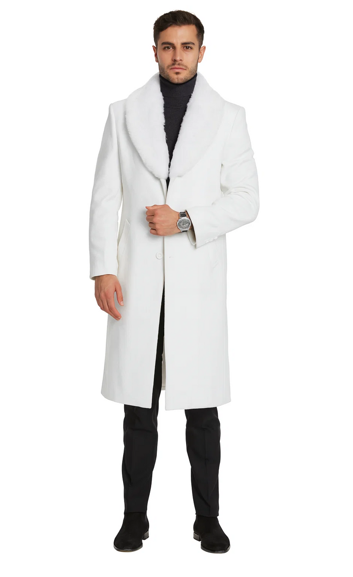 Mens Overcoat with Fur Collar - Single Breasted White Topcoat