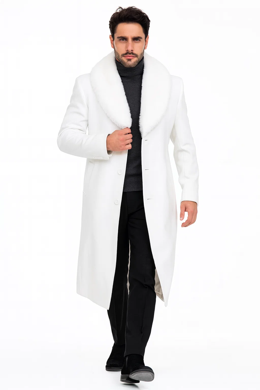 Mens Overcoat with Fur Collar - Single Breasted Off White Topcoat