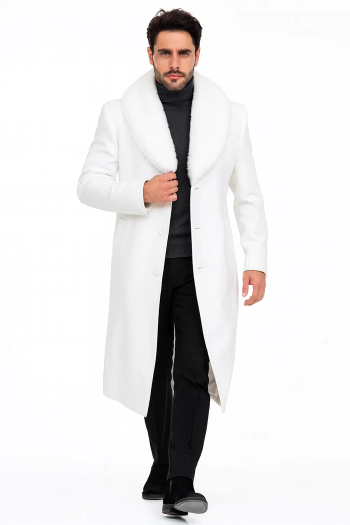 Mens Overcoat with Fur Collar - Single Breasted White Topcoat