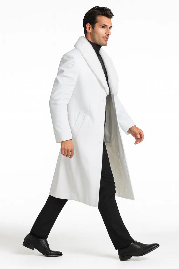 Mens Overcoat with Fur Collar - Single Breasted White Topcoat