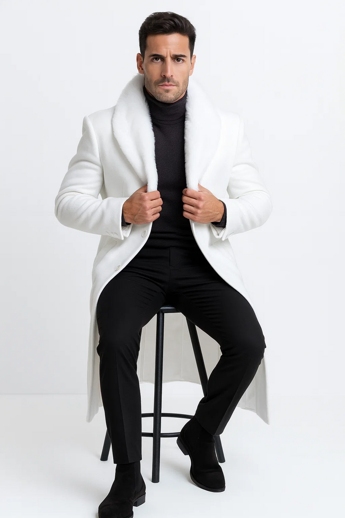 Mens Overcoat with Fur Collar - Single Breasted White Topcoat