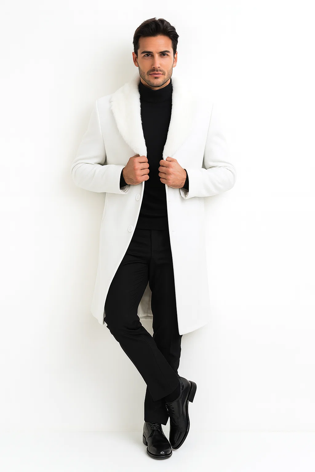 Mens Overcoat with Fur Collar - Single Breasted Off White Topcoat