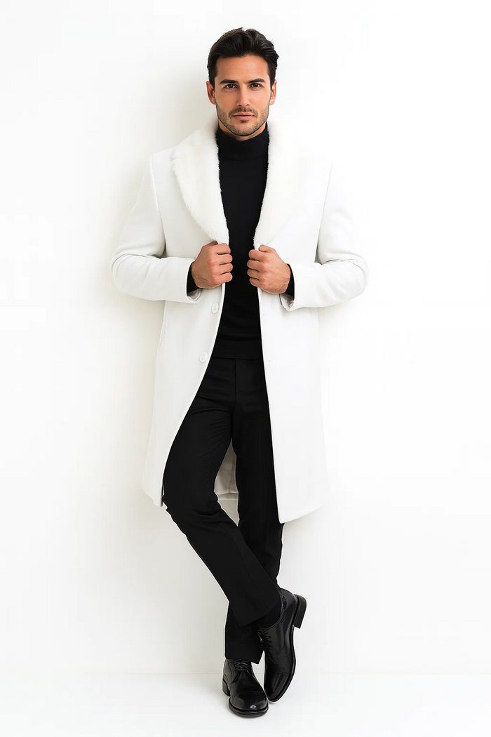 Mens Overcoat with Fur Collar - Single Breasted White Topcoat