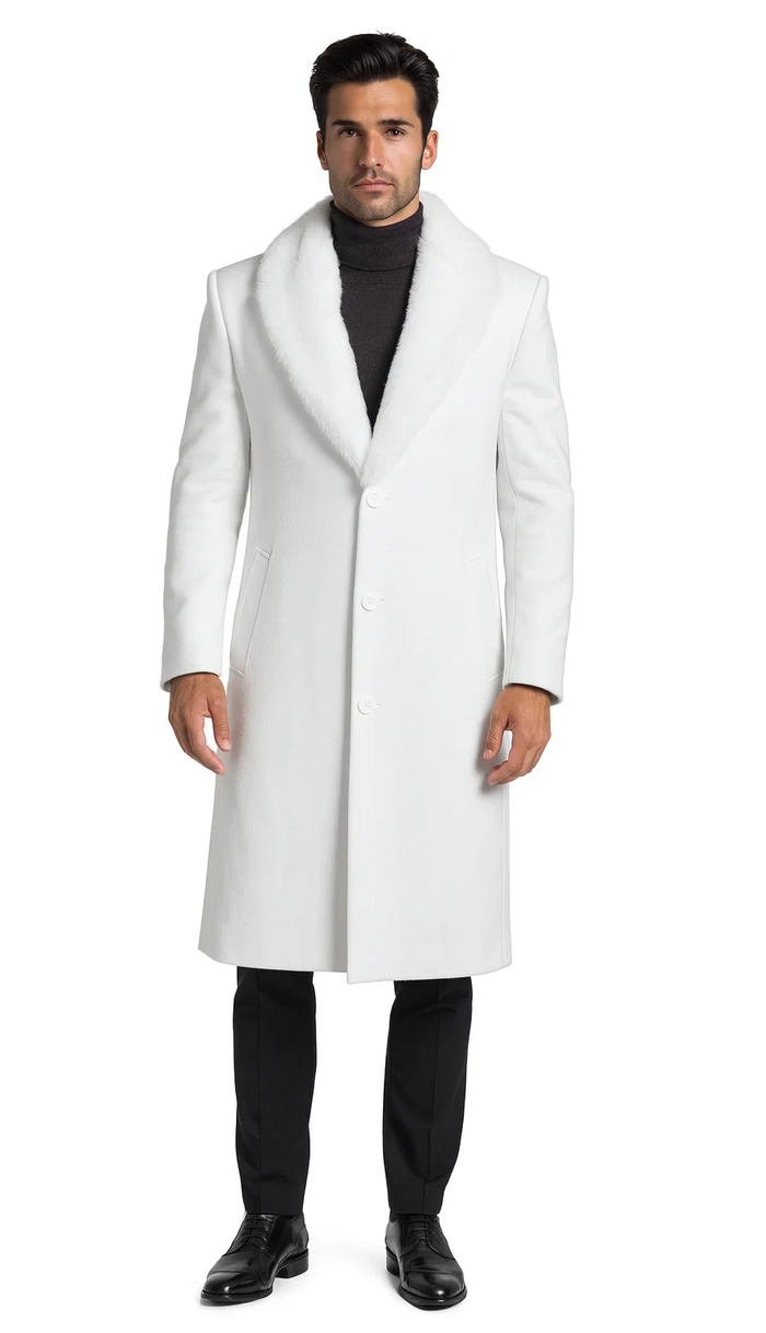 Mens Overcoat with Fur Collar - Single Breasted White Topcoat