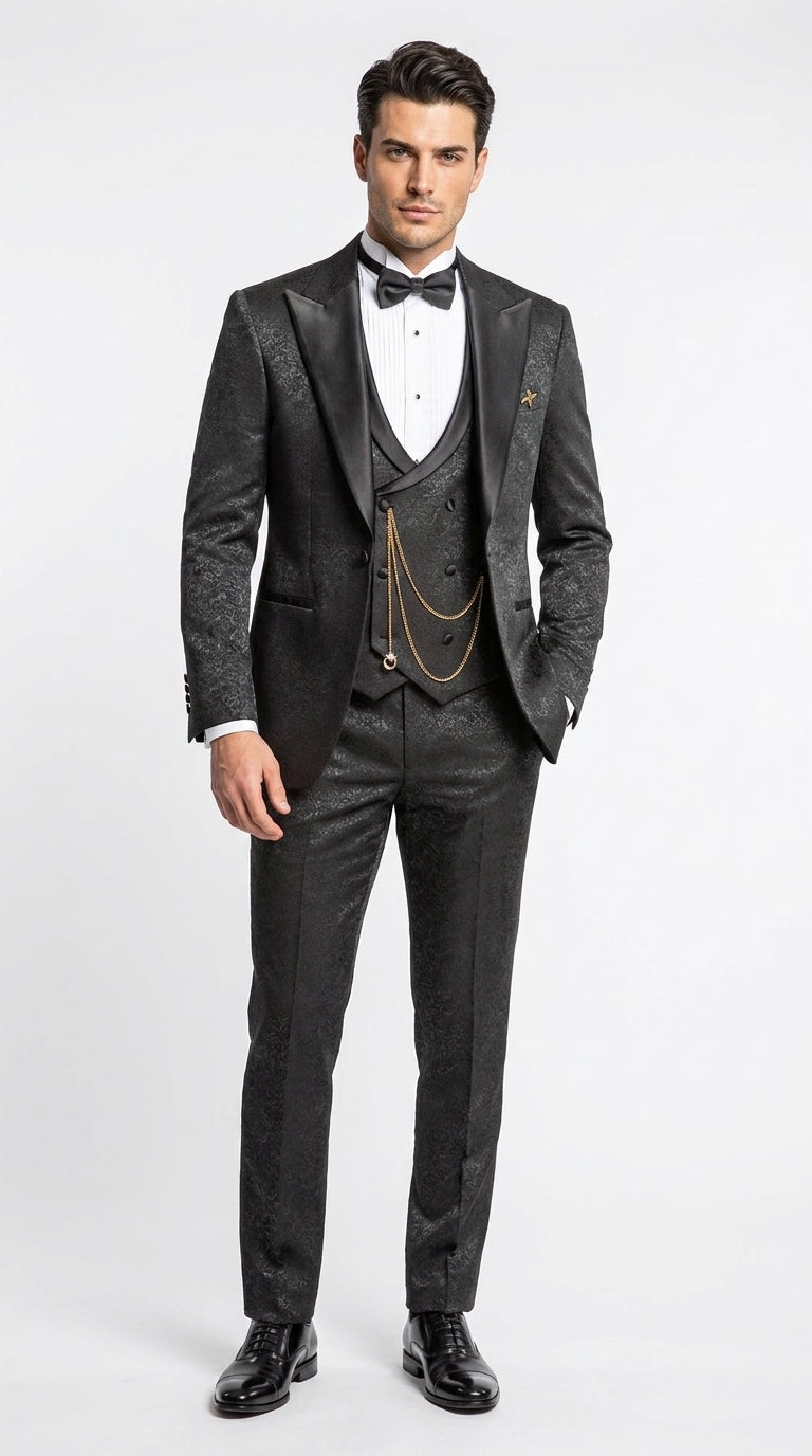 Mens Paisley Black Prom Tuxedo – 3-Piece Wedding Suit with Satin Peak Lapel & Double-Breasted Vest