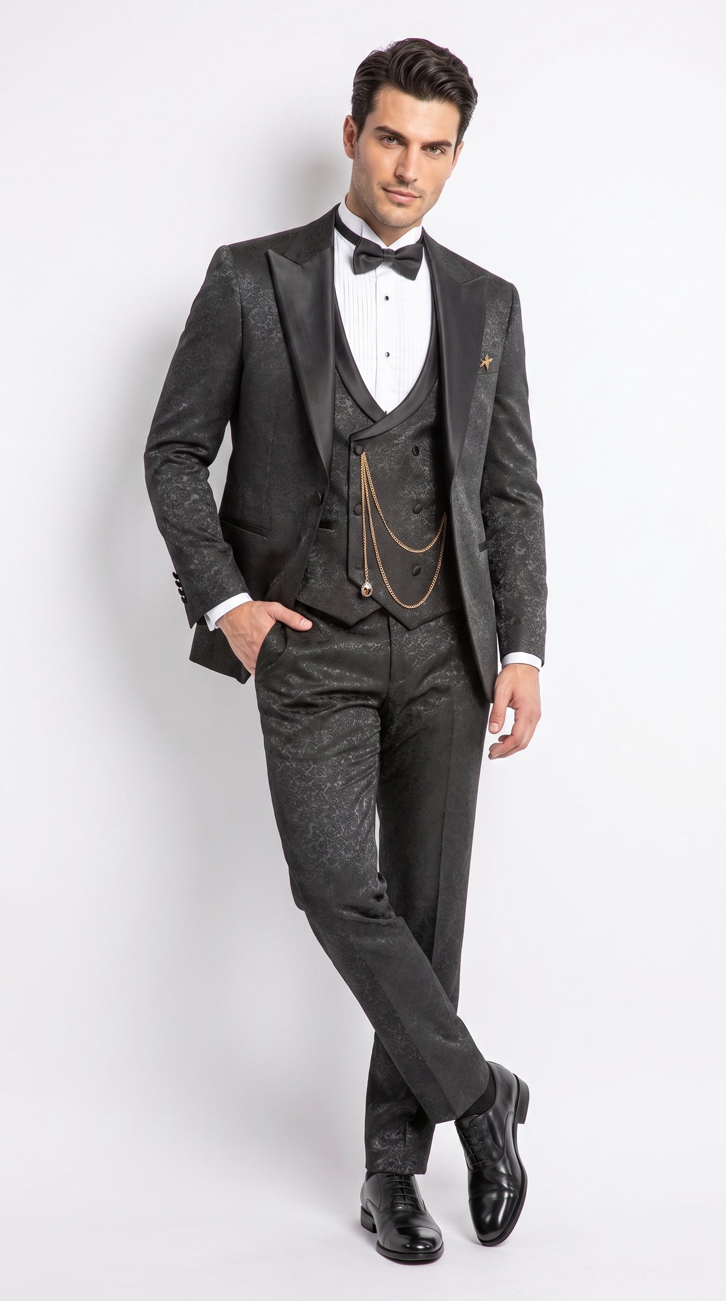 Mens Paisley Black Prom Tuxedo – 3-Piece Wedding Suit with Satin Peak Lapel & Double-Breasted Vest