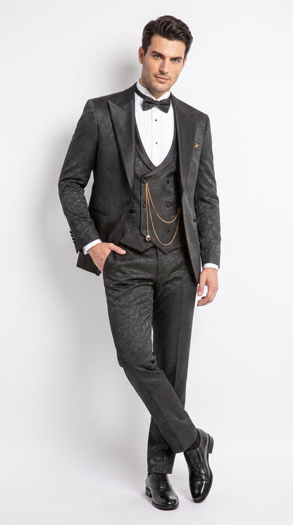 Mens Paisley Black Prom Tuxedo – 3-Piece Wedding Suit with Satin Peak Lapel & Double-Breasted Vest