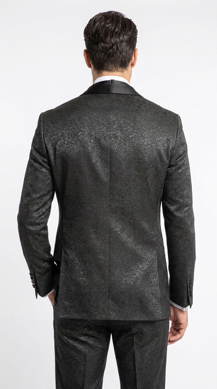 Mens Paisley Black Prom Tuxedo – 3-Piece Wedding Suit with Satin Peak Lapel & Double-Breasted Vest