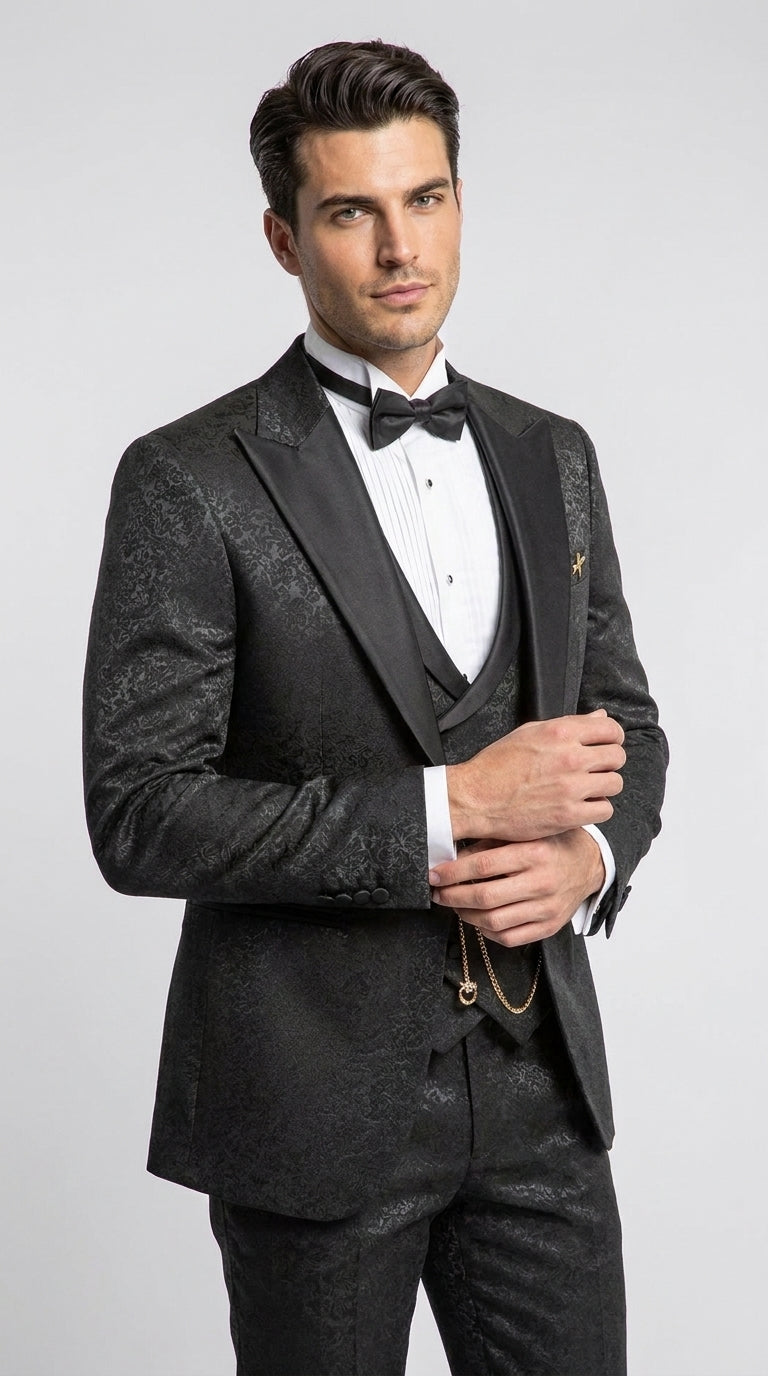 Mens Paisley Black Prom Tuxedo – 3-Piece Wedding Suit with Satin Peak Lapel & Double-Breasted Vest