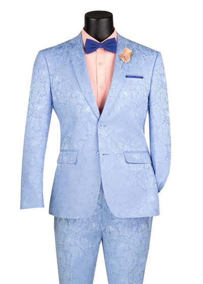 Mens Paisley Party Suit in Light Blue – Slim Fit Formal Style
