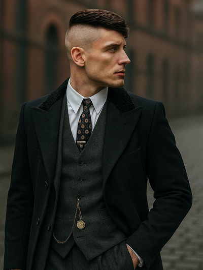 Mens Peaky Blinders Costume Thomas Shelby 3PC Suit & Black Overcoat 3   - from alligatorwarehouse.com