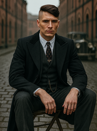 Mens Peaky Blinders Costume Thomas Shelby 3PC Suit & Black Overcoat 4   - from alligatorwarehouse.com