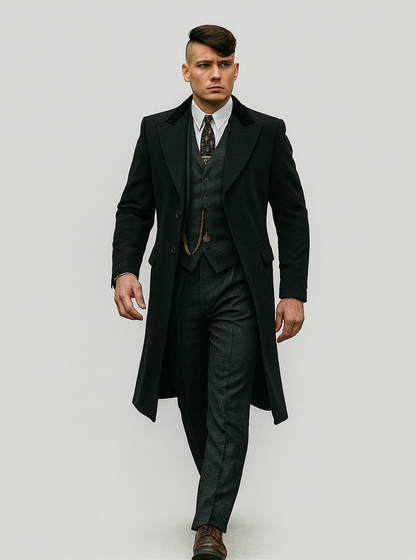 Mens Peaky Blinders Costume Thomas Shelby 3PC Suit & Black Overcoat
