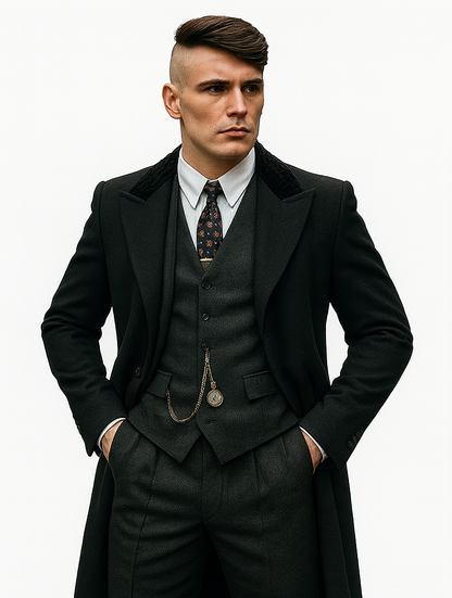 Mens Peaky Blinders Costume Thomas Shelby 3PC Suit & Black Overcoat