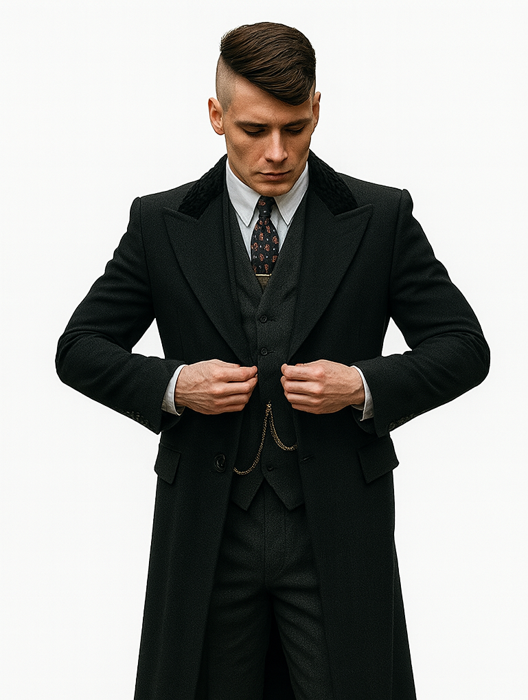 Mens Peaky Blinders Costume Thomas Shelby 3PC Suit & Black Overcoat