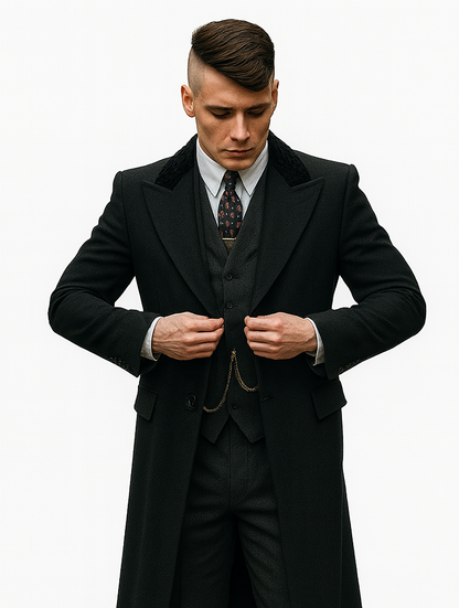 Mens Peaky Blinders Costume Thomas Shelby 3PC Suit & Black Overcoat