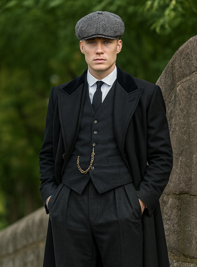 Mens Peaky Blinders Costume Thomas Shelby Black Suit Overcoat & Hat 1   - from alligatorwarehouse.com