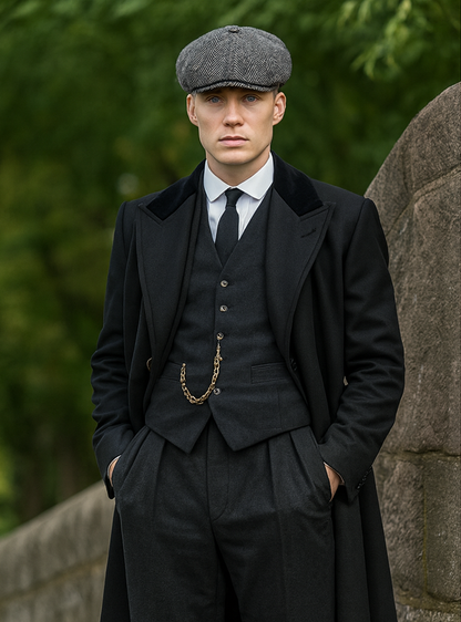 Mens Peaky Blinders Costume Thomas Shelby Black Suit Overcoat & Hat