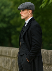 Mens Peaky Blinders Costume Thomas Shelby Black Suit Overcoat & Hat