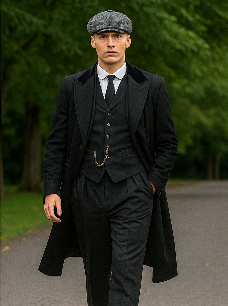 Mens Peaky Blinders Costume Thomas Shelby Black Suit Overcoat & Hat