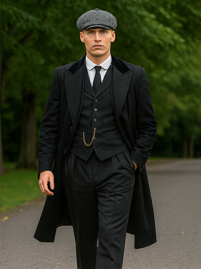 Mens Peaky Blinders Costume Thomas Shelby Black Suit Overcoat & Hat 4   - from alligatorwarehouse.com