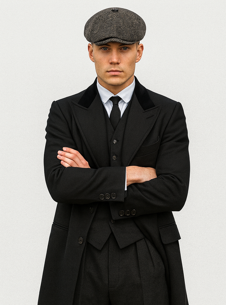 Mens Peaky Blinders Costume Thomas Shelby Black Suit Overcoat & Hat