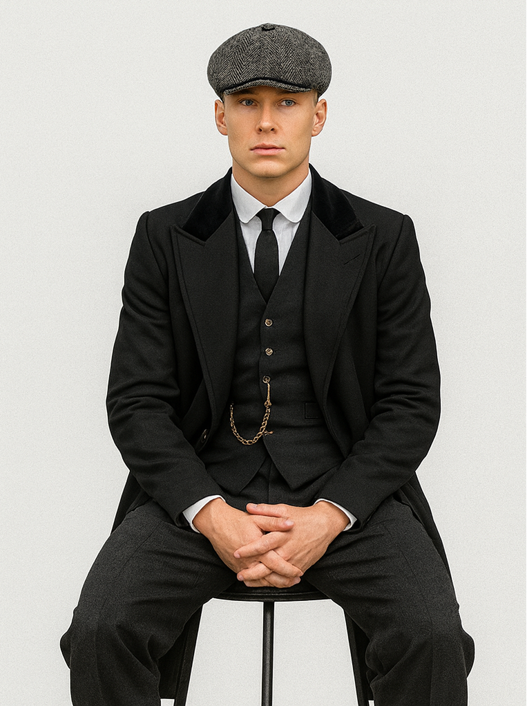Mens Peaky Blinders Costume Thomas Shelby Black Suit Overcoat & Hat
