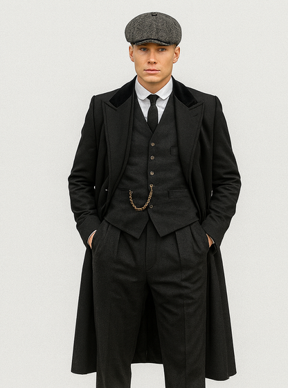 Mens Peaky Blinders Costume Thomas Shelby Black Suit Overcoat & Hat