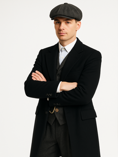 Mens Peaky Blinders Costume Thomas Shelby Grey 3 Piece Suit with Black Overcoat & Hat
