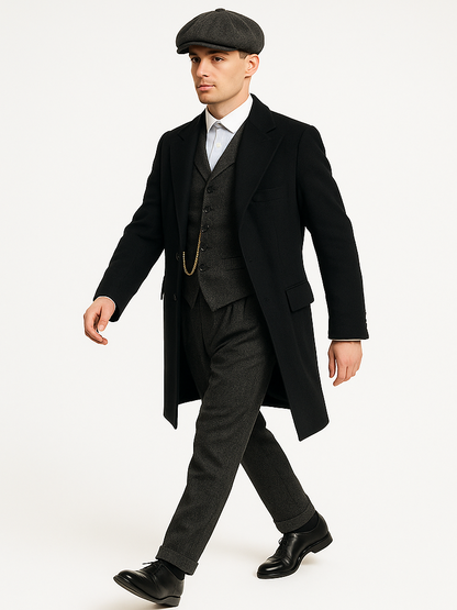 Mens Peaky Blinders Costume Thomas Shelby Grey 3 Piece Suit with Black Overcoat & Hat