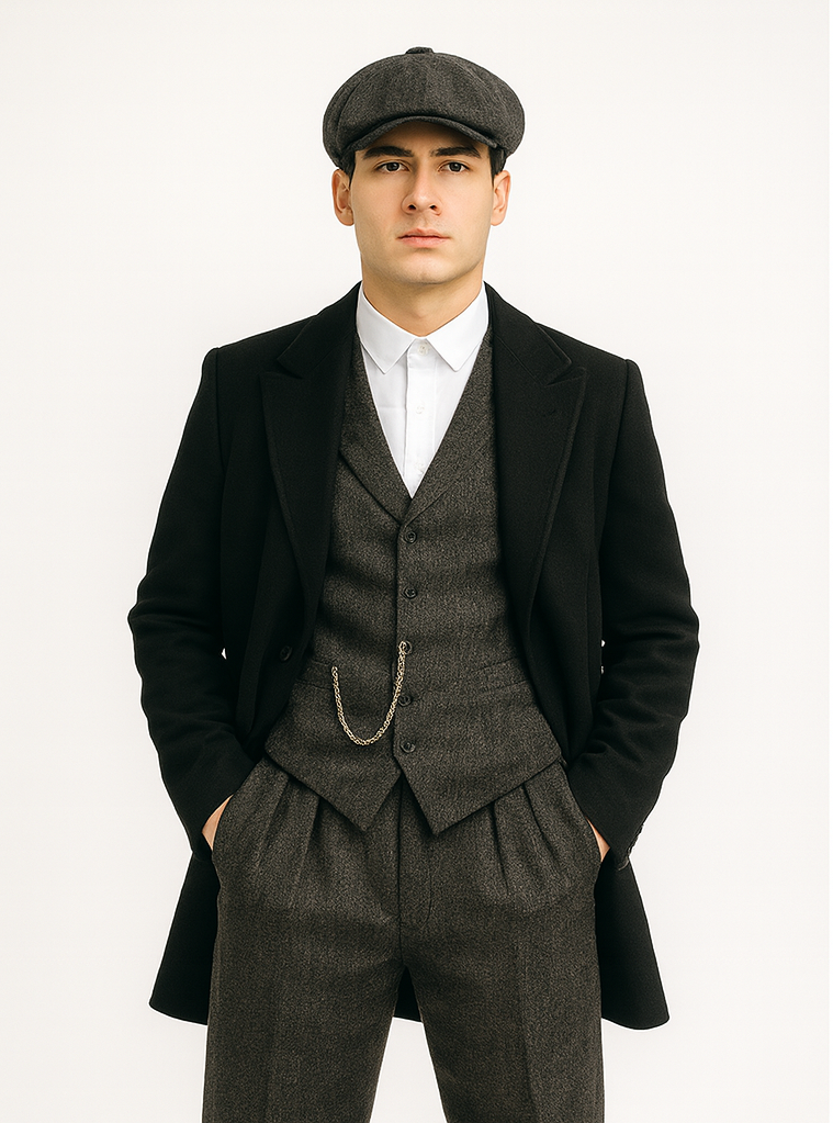 Mens Peaky Blinders Costume Thomas Shelby Grey 3 Piece Suit with Black Overcoat & Hat