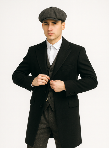 Mens Peaky Blinders Costume Thomas Shelby Grey 3 Piece Suit with Black Overcoat & Hat